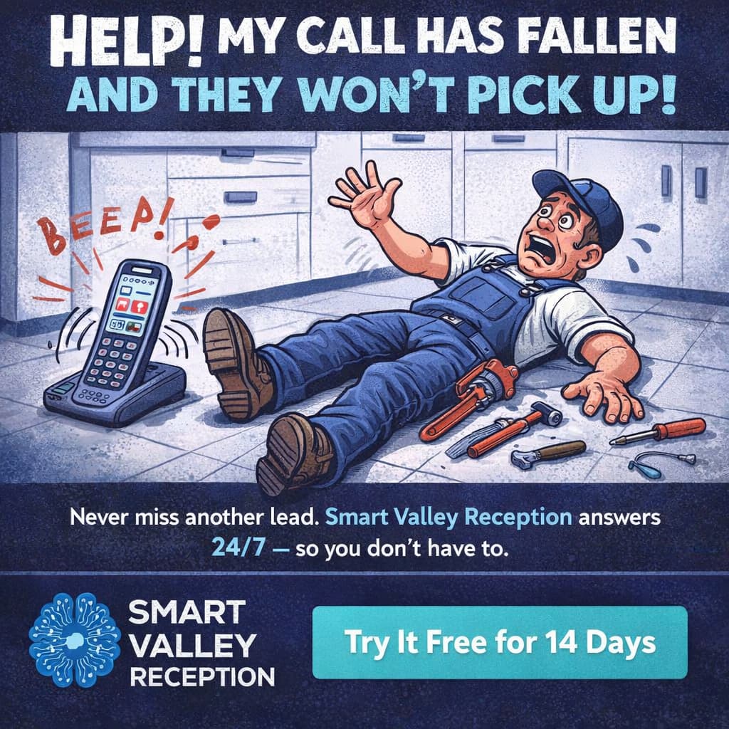 Funny scroll-stopping ad for Smart Valley Reception featuring a contractor dramatically fallen on the floor with a missed call, parody of Life Alert, with headline "Help! My call has fallen and they won't pick up!" and 14-day free trial CTA