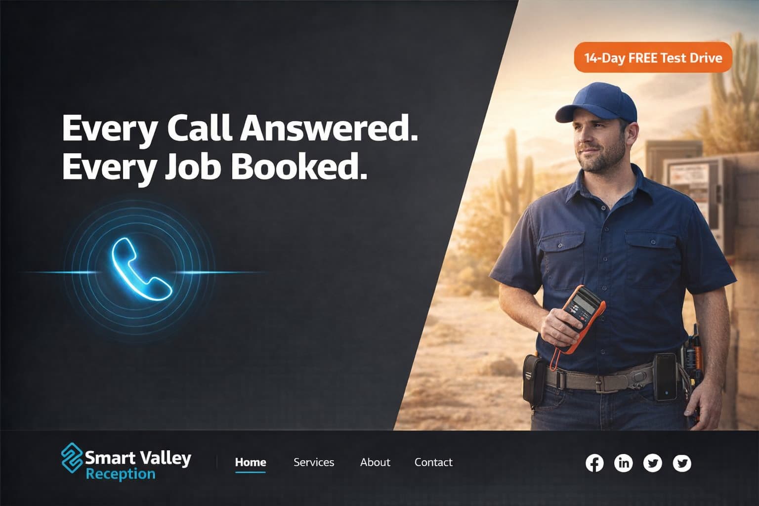 Homepage hero concept 5 — bold diagonal split charcoal and desert sand design for Smart Valley Reception