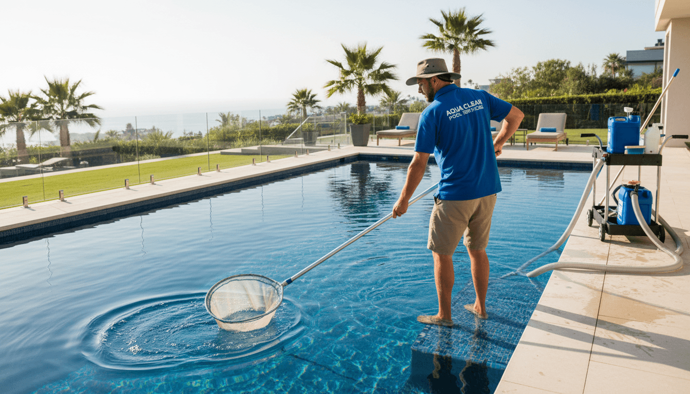 Pool service professional maintaining residential pool