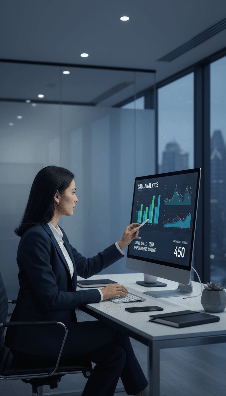 Business owner reviewing AI receptionist call data and analytics on computer