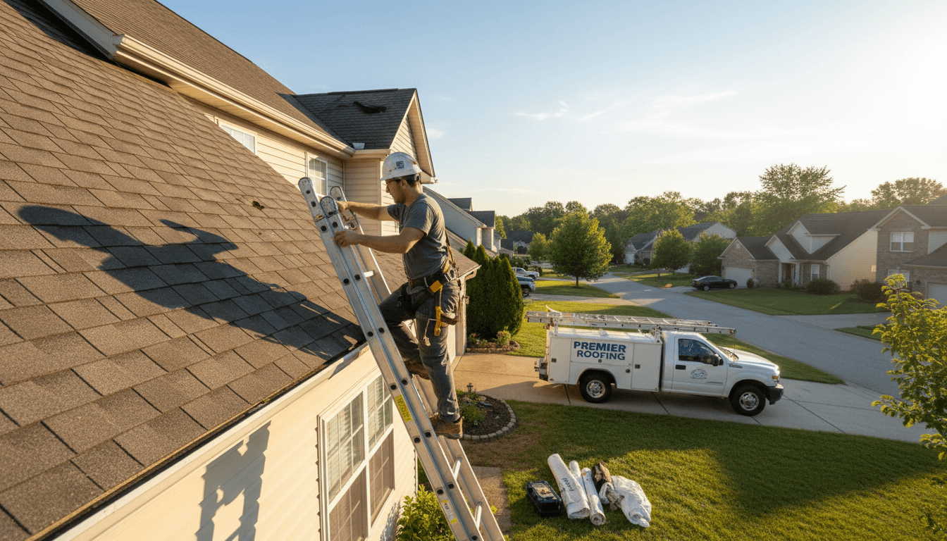 Roofer examining roof materials and structure