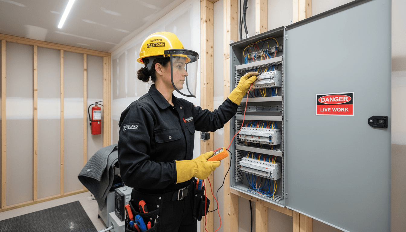 Electrician installing or repairing electrical wiring
