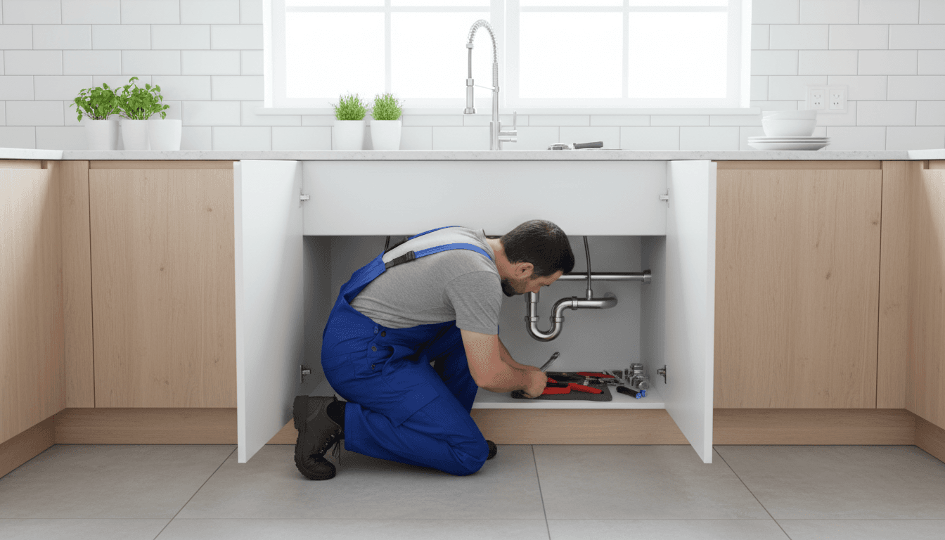 Plumber performing repair work under sink