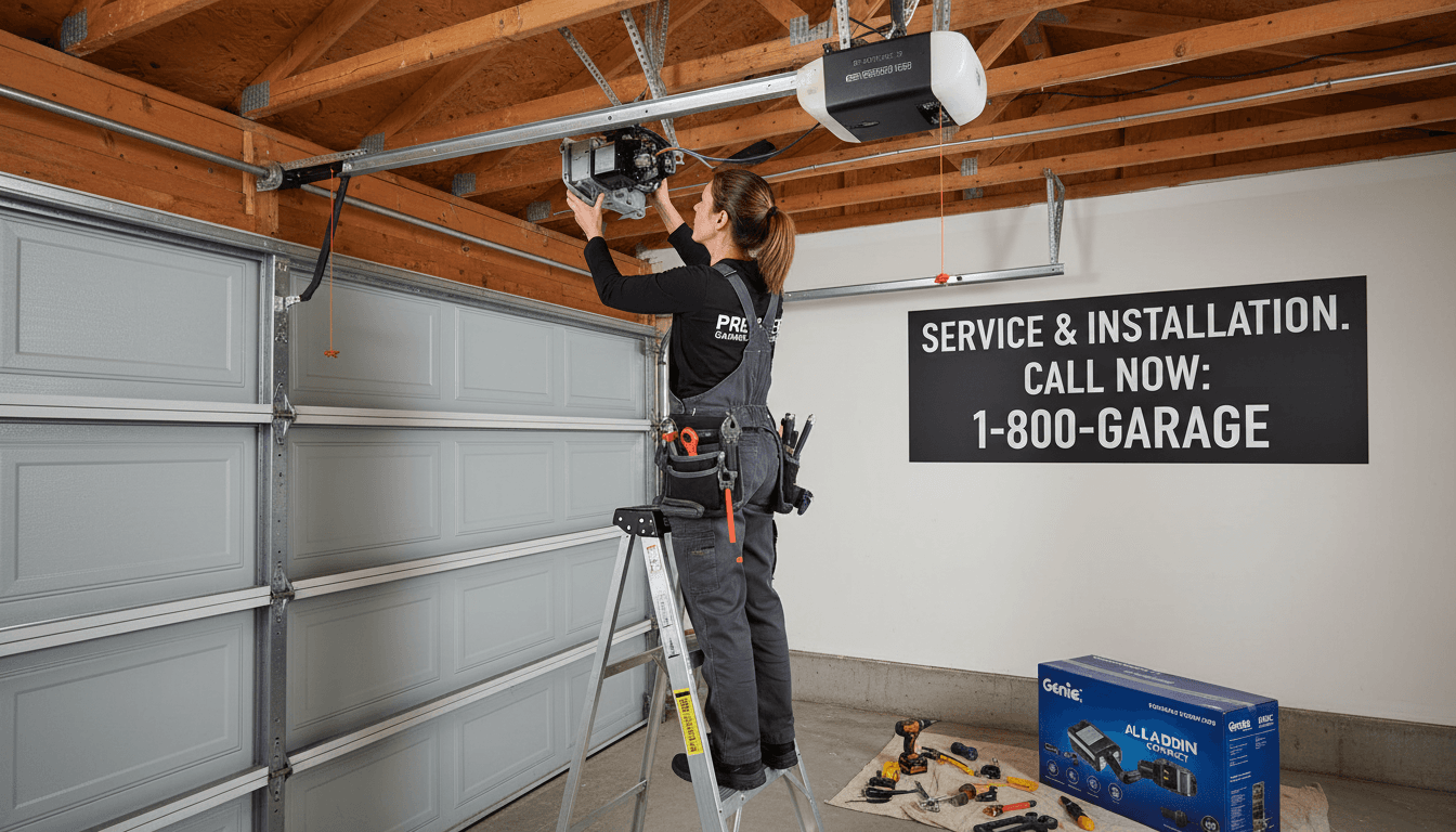 Garage door repair technician working on garage door system