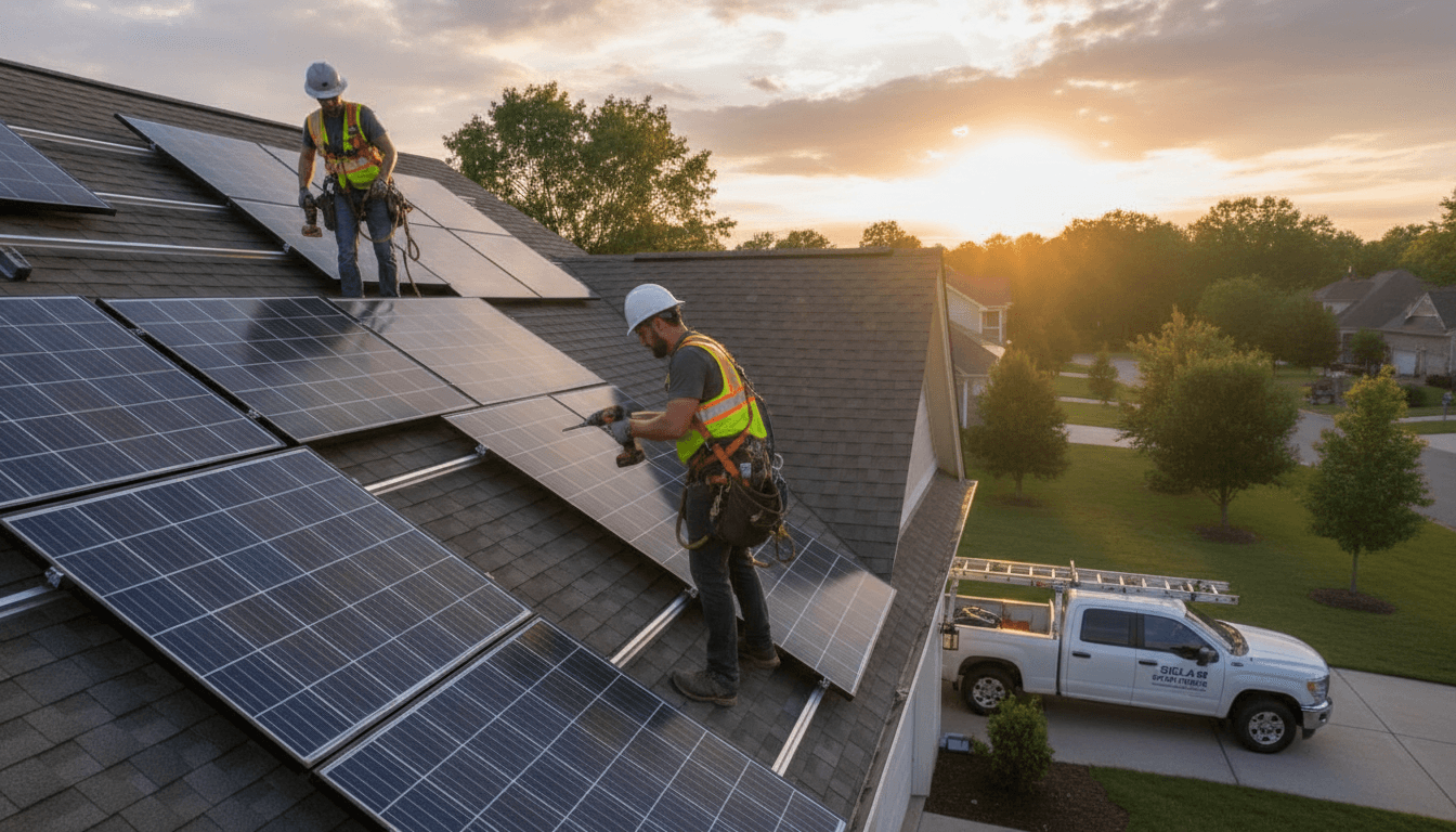 Solar installation crew working on residential roof