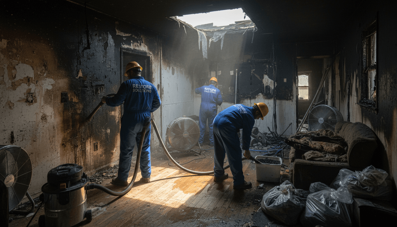 Restoration professionals addressing fire and water damage
