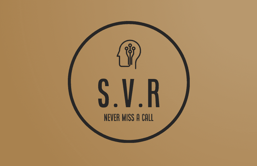 S.V.R logo with circuit brain icon and tagline 'NEVER MISS A CALL' on tan background.