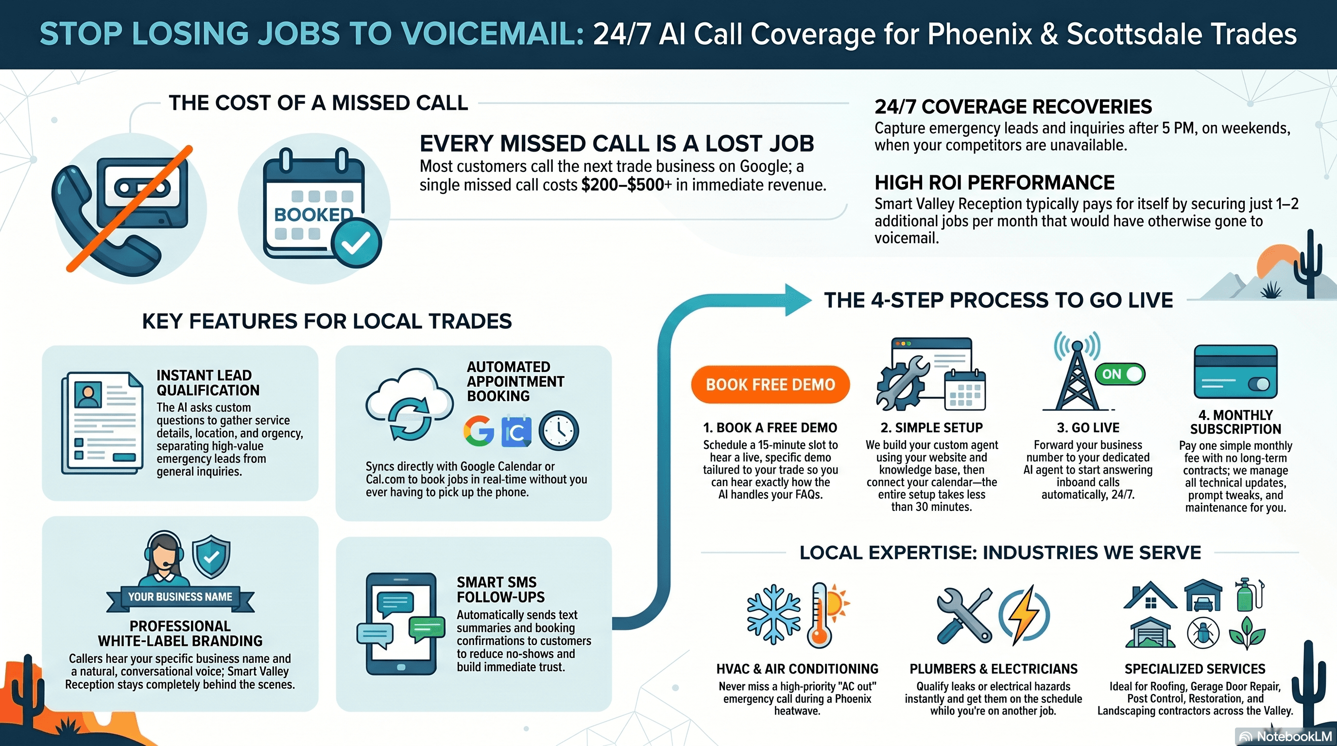 Infographic for AI call coverage for Phoenix trades, detailing features, setup process, and industries served.