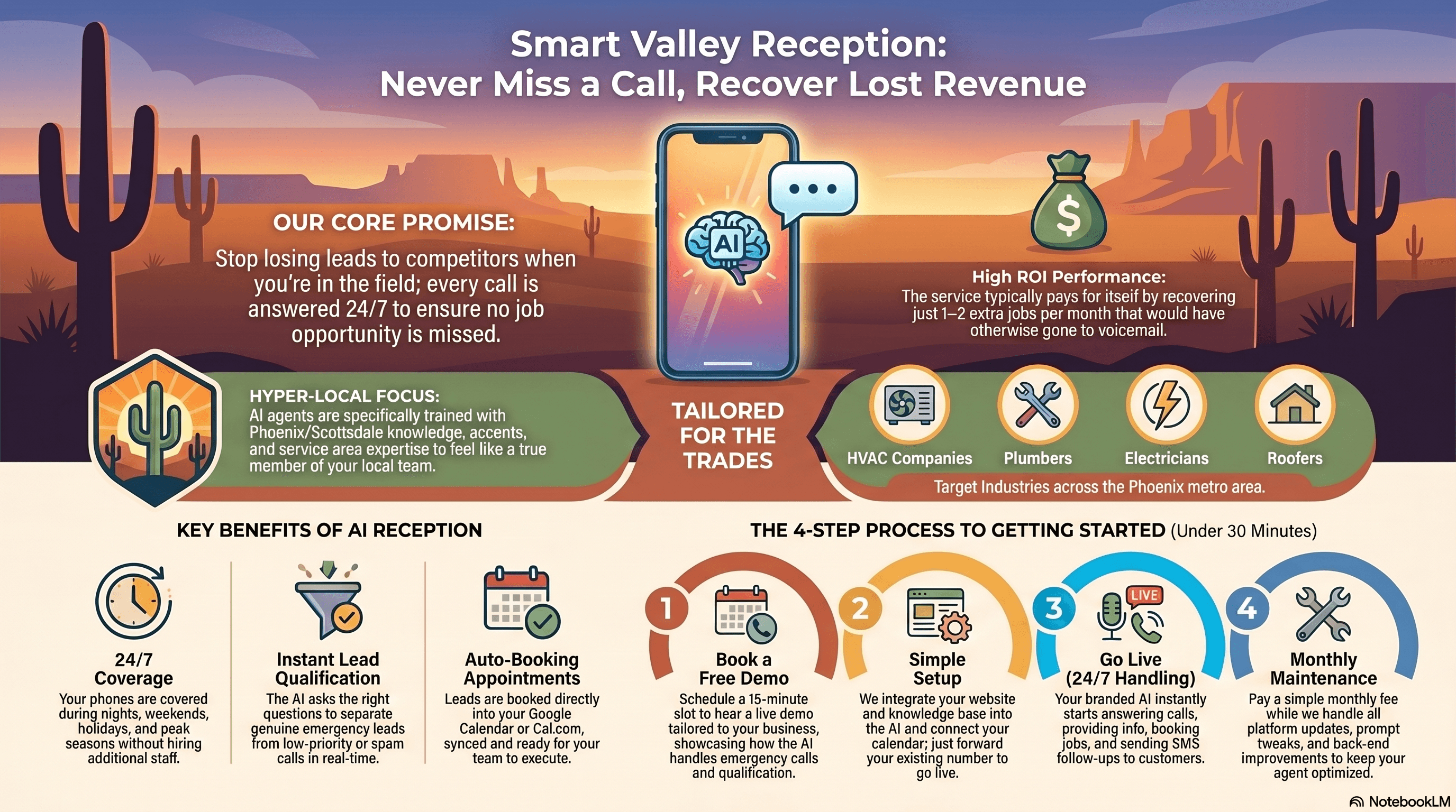 Infographic for Smart Valley Reception AI services, detailing benefits and a four-step setup for trades.
